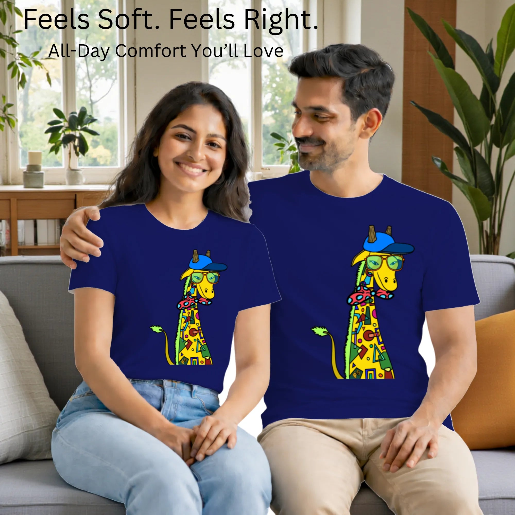 Matching pair wearing Giraffe with Bow Tie artistic t-shirts by PaintzStories