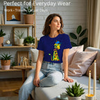 Model wearing Giraffe with Bow Tie artistic unisex t-shirt in Navy Blue