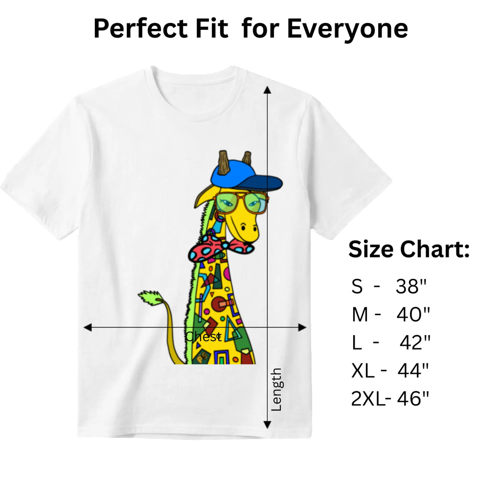 Giraffe with Bow Tie white graphic tee size chart and dimensions