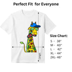 Giraffe with Bow Tie white graphic tee size chart and dimensions