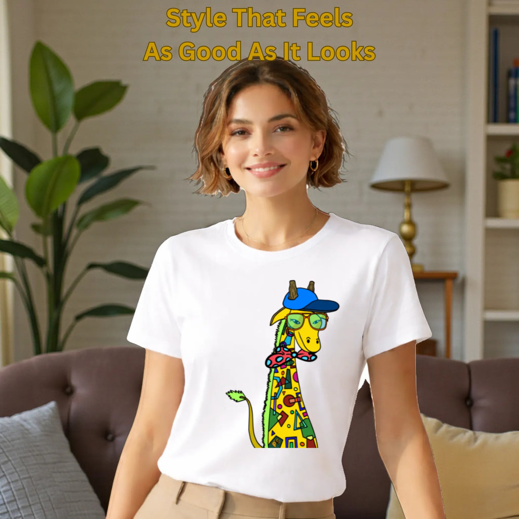 Model wearing Giraffe with Bow Tie artistic cotton t-shirt in White