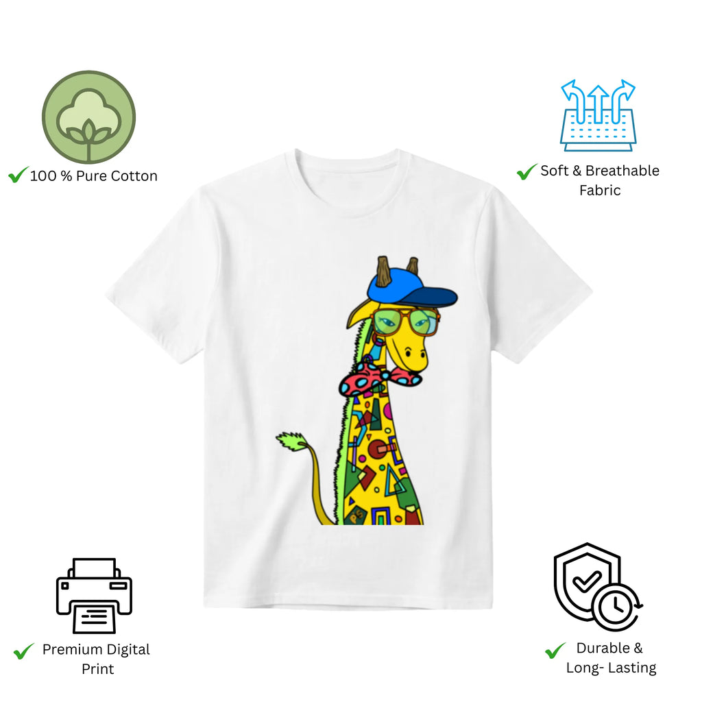 Features of Giraffe with Bow Tie unisex t-shirt including premium print and comfort fit