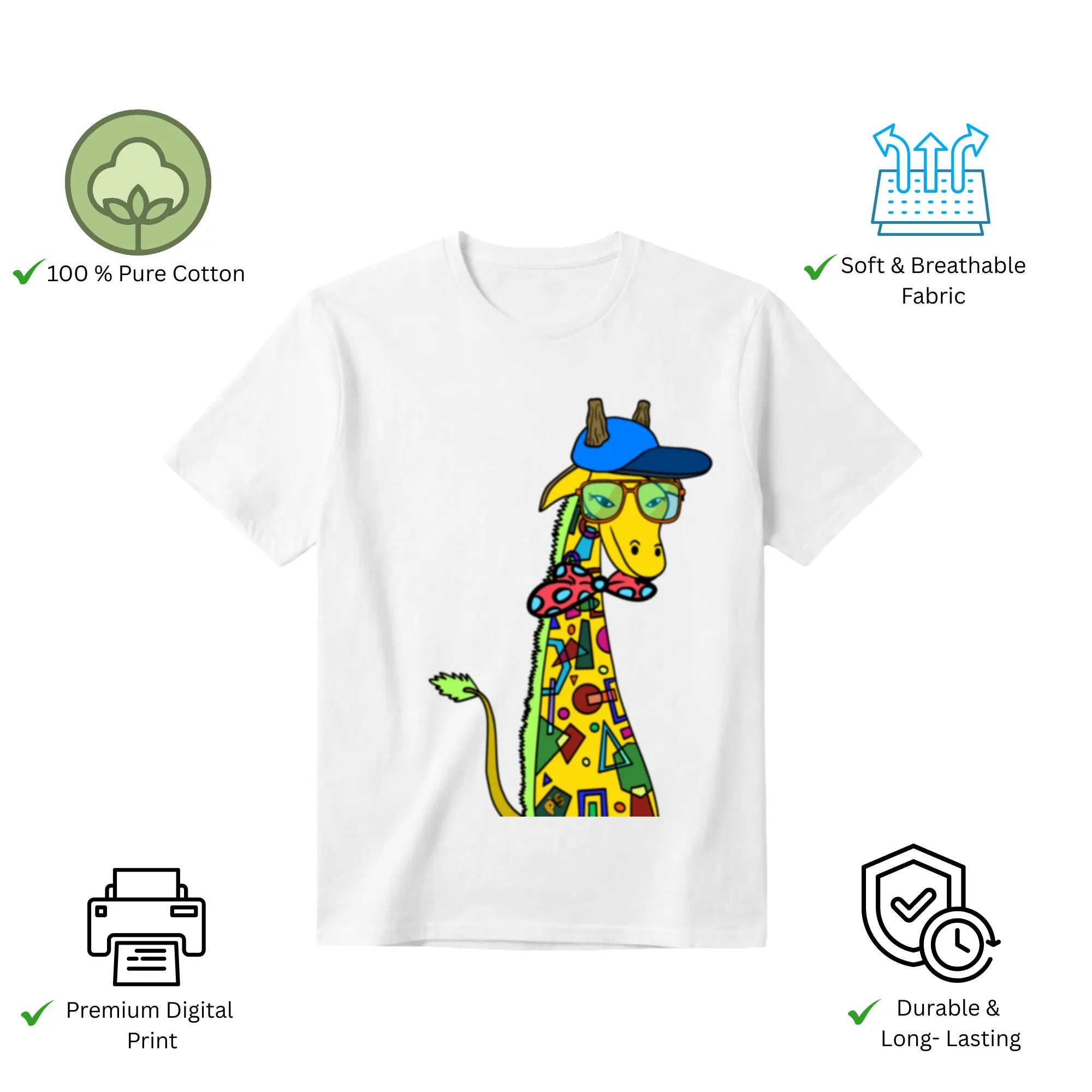 Features of Giraffe with Bow Tie unisex t-shirt including premium print and comfort fit