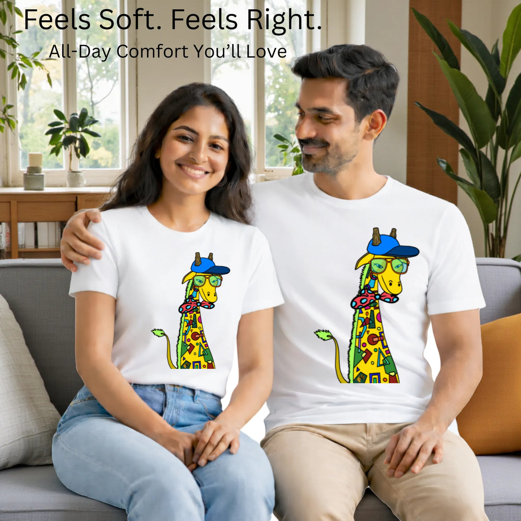 Matching pair wearing Giraffe with Bow Tie artistic t-shirts by PaintzStories