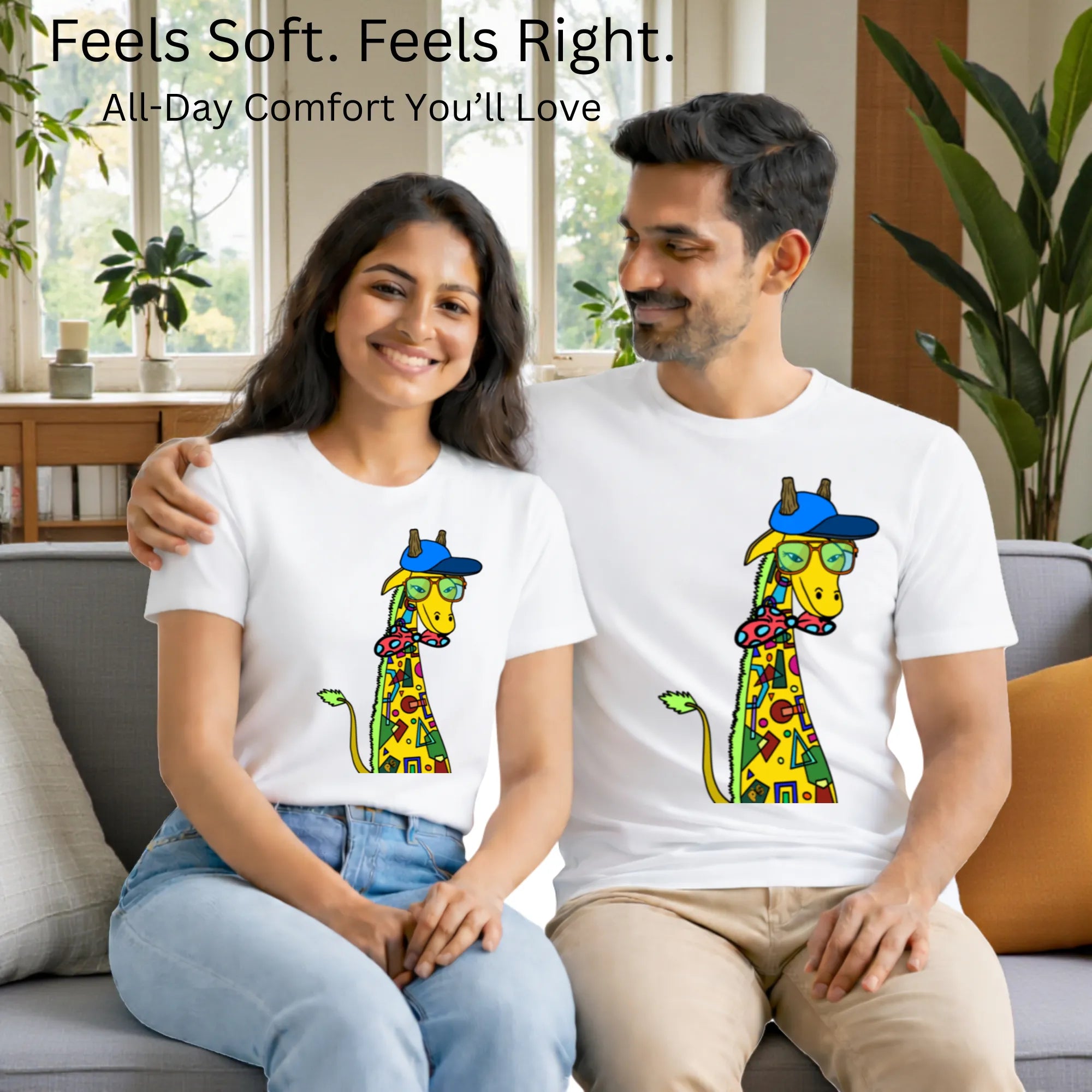 Matching pair wearing Giraffe with Bow Tie artistic t-shirts by PaintzStories