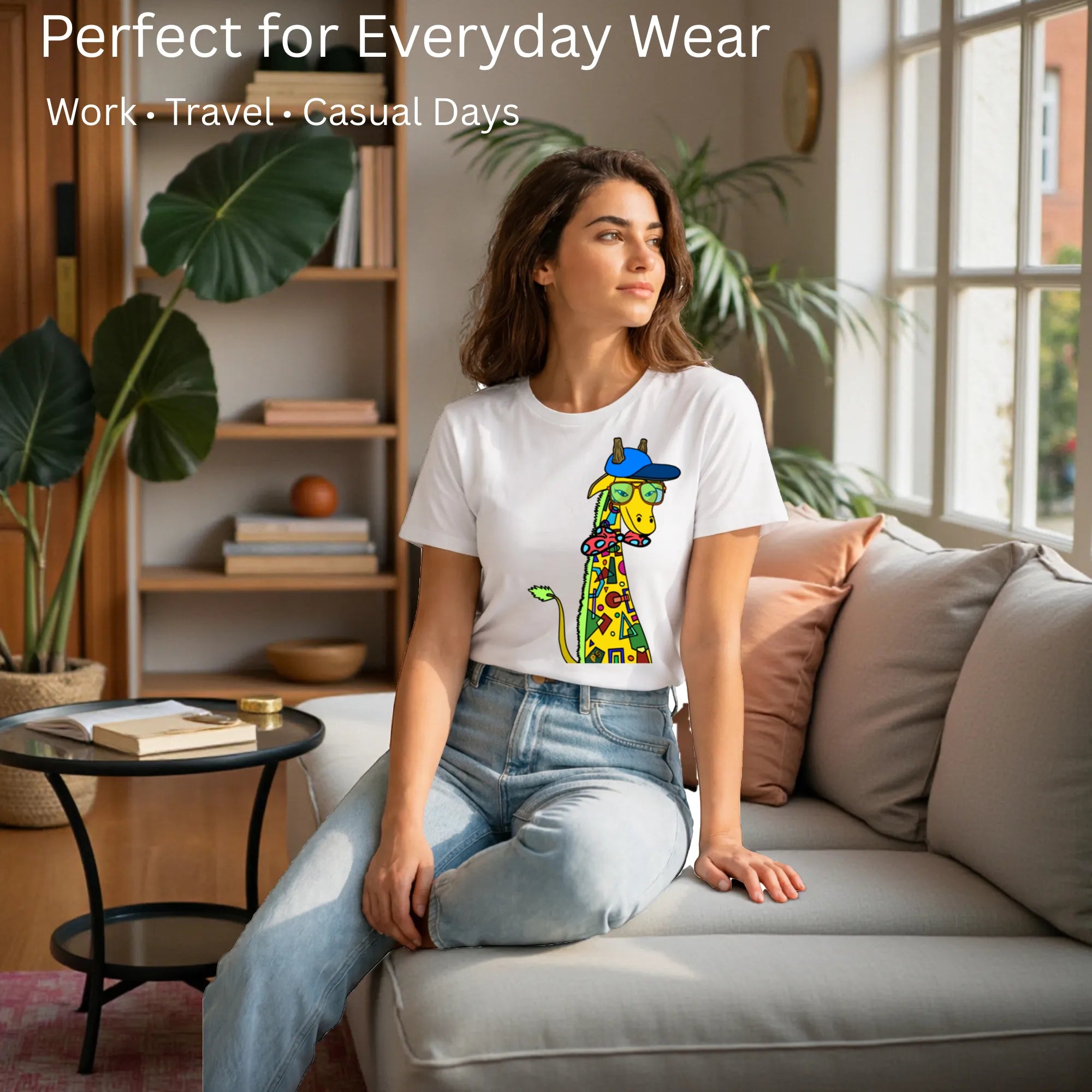 Model wearing Giraffe with Bow Tie artistic unisex t-shirt in White