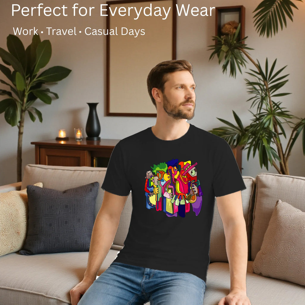 Male model showcasing  Harmony in Abstraction artistic t-shirt in Black