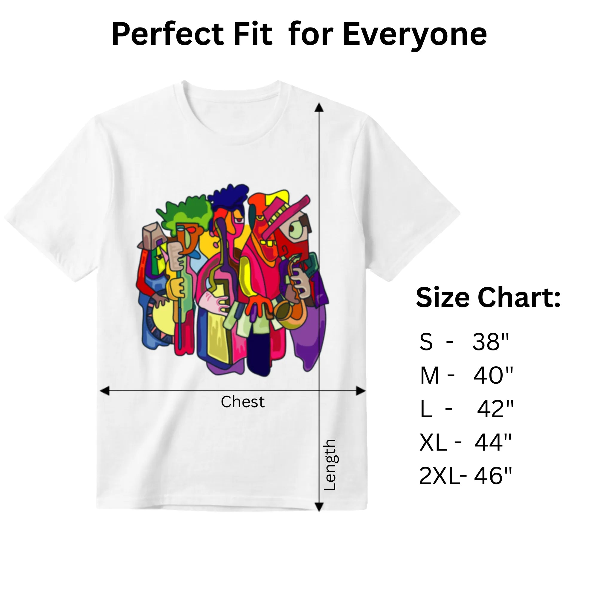 Harmony in Abstraction men's graphic tee size chart and dimensions guide