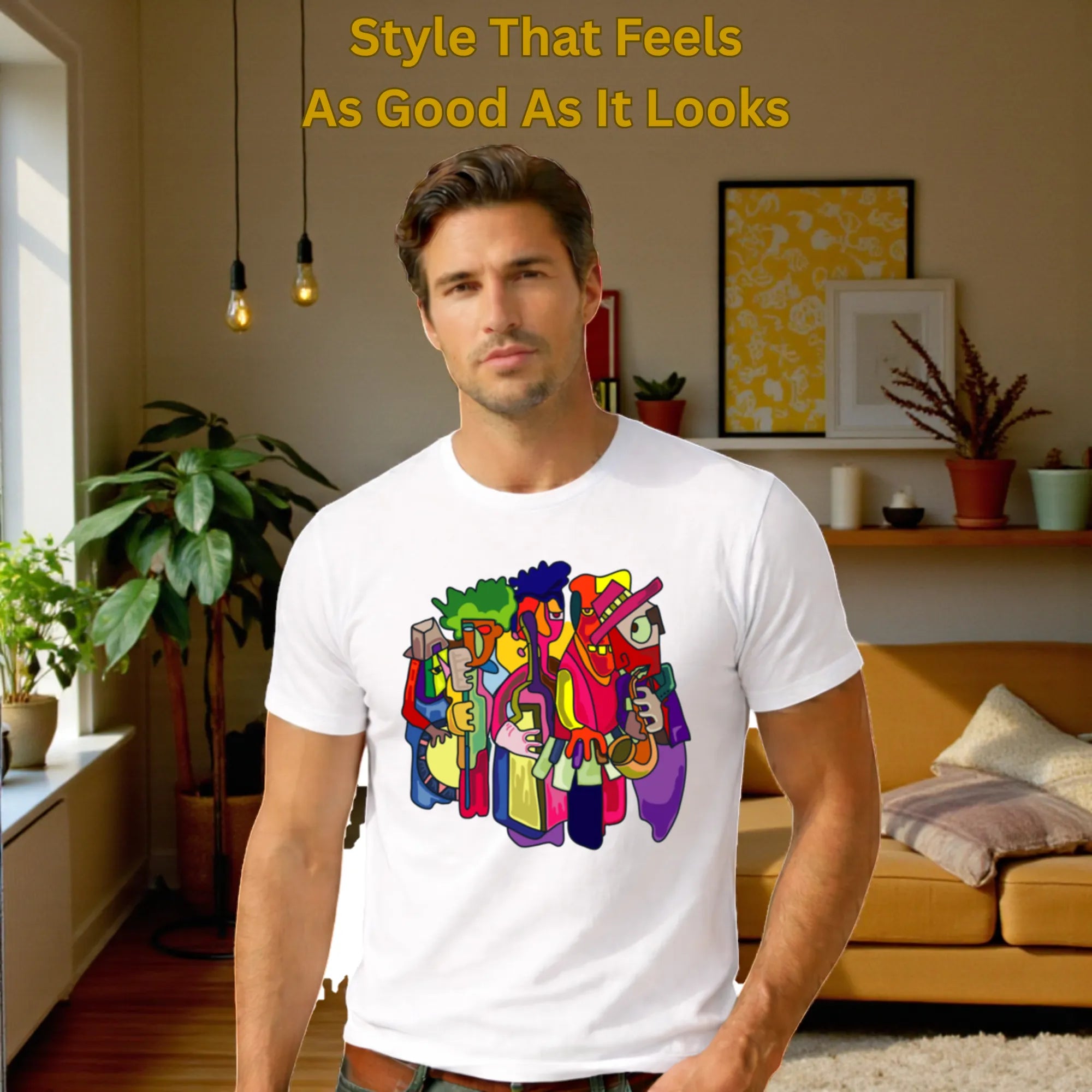 Male model wearing Harmony in Abstraction artistic t-shirt in White