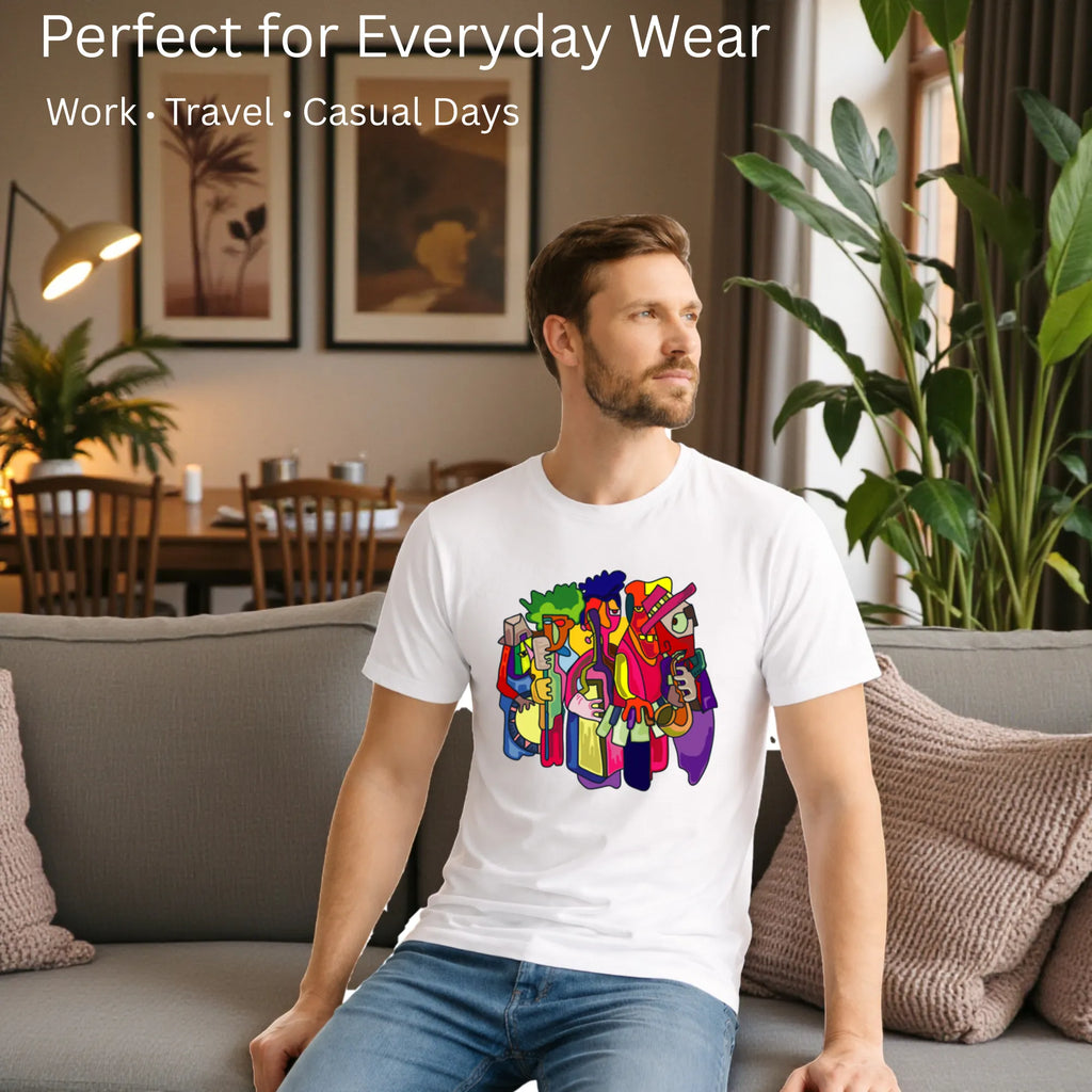 Male model showcasing  Harmony in Abstraction artistic t-shirt in White