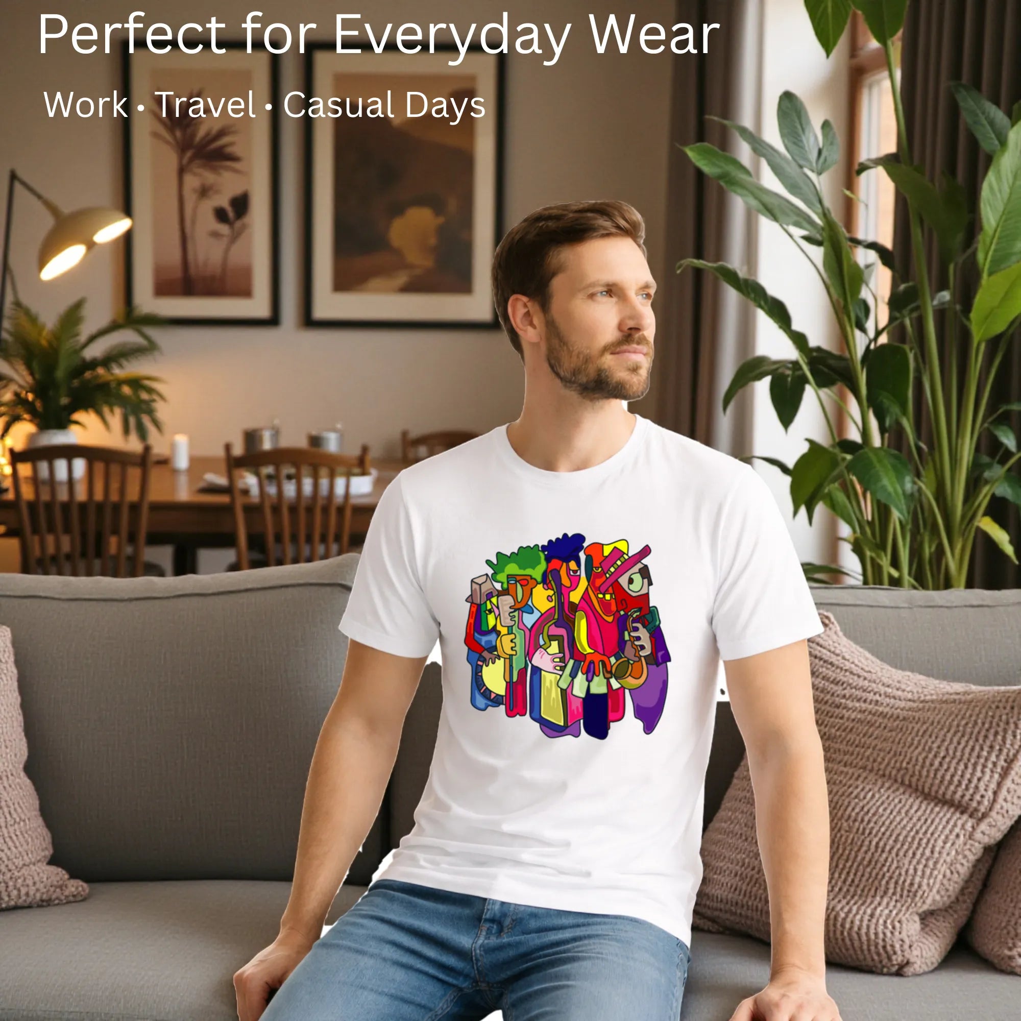 Male model showcasing  Harmony in Abstraction artistic t-shirt in White