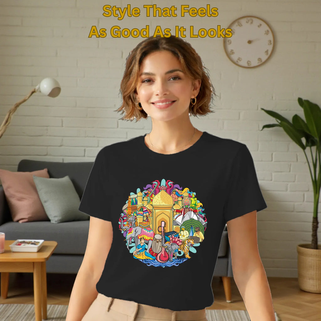 Model wearing Celebrating India's Rich Culture and Heritage artistic cotton t-shirt in Black