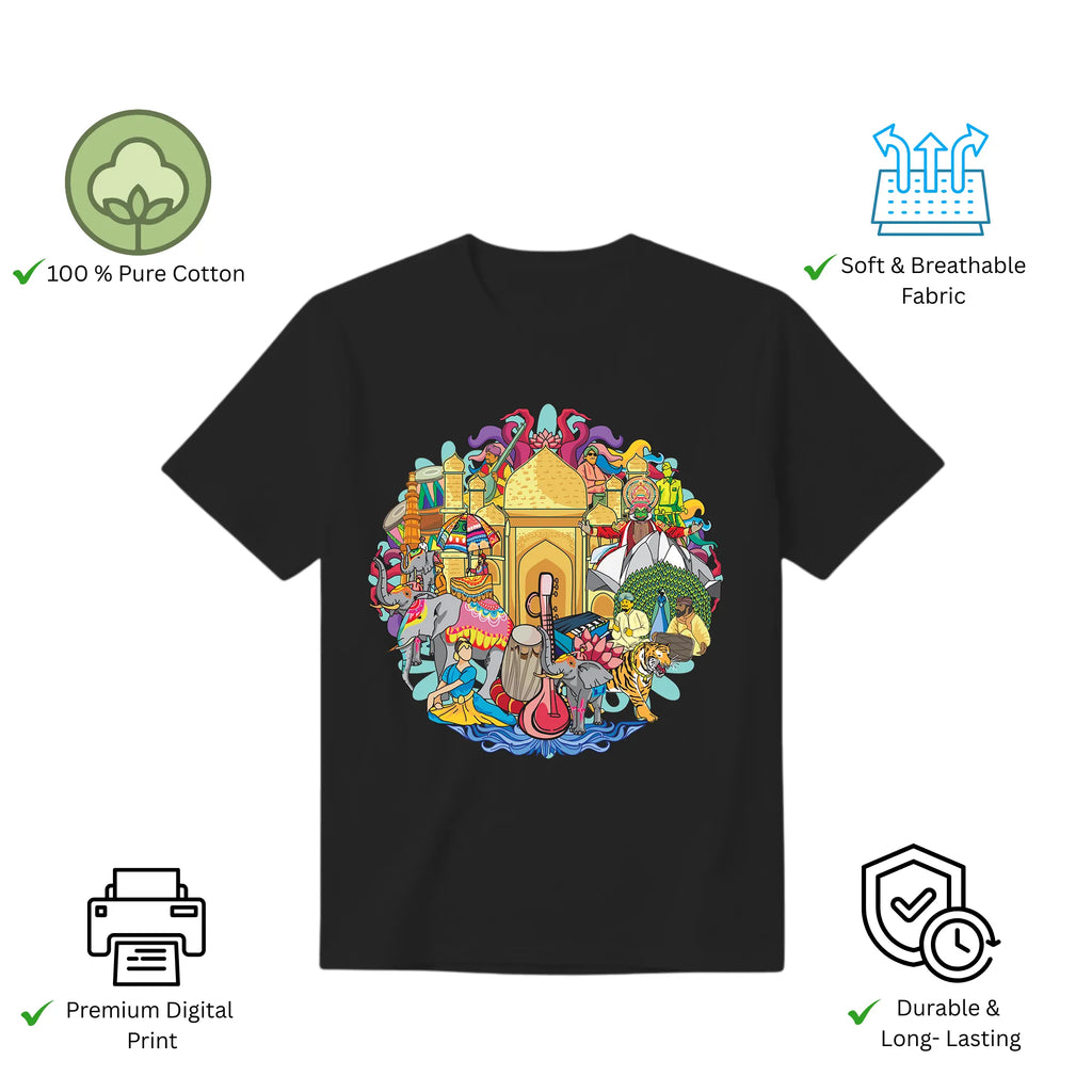 Features of Celebrating India's Rich Culture and Heritage unisex t-shirt including premium print and comfort fit
