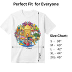 Celebrating India's Rich Culture and Heritage white graphic tee size chart and dimensions