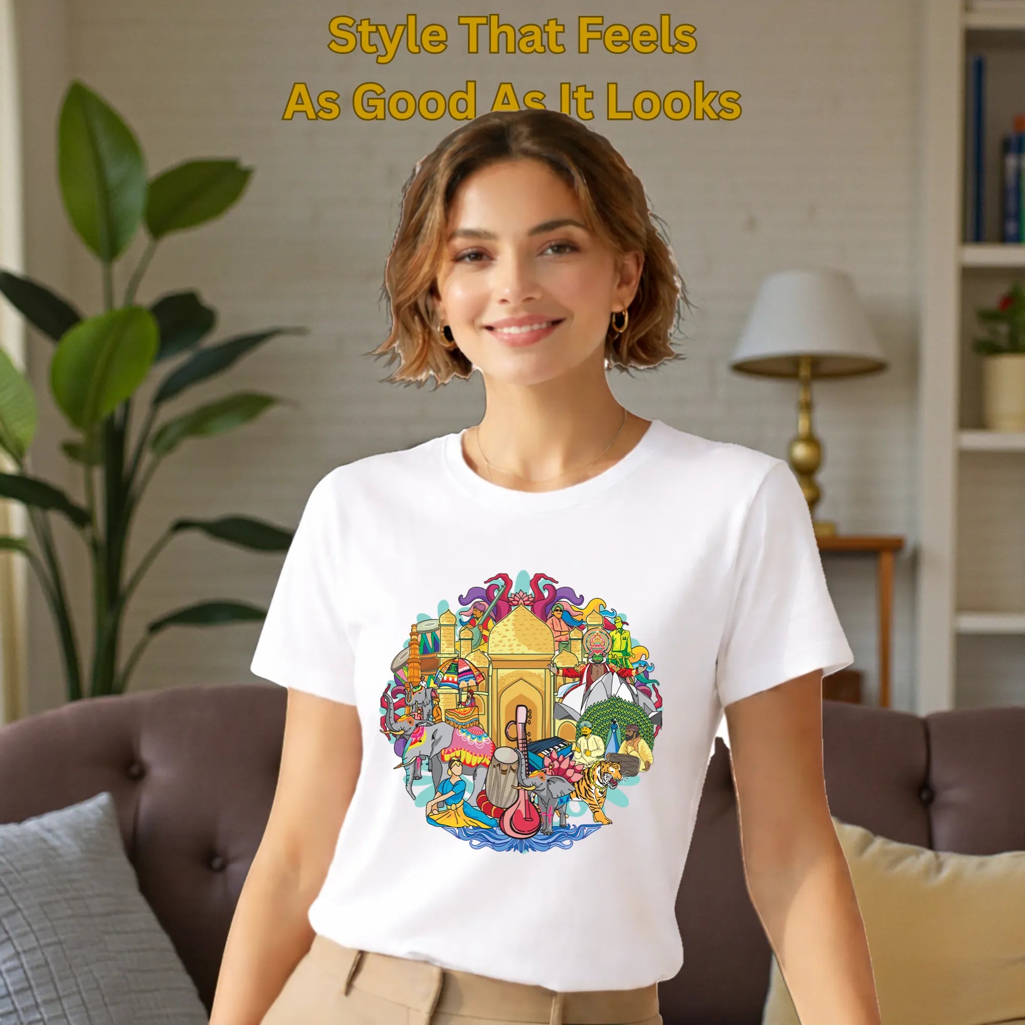 Model wearing Celebrating India's Rich Culture and Heritage artistic cotton t-shirt in White