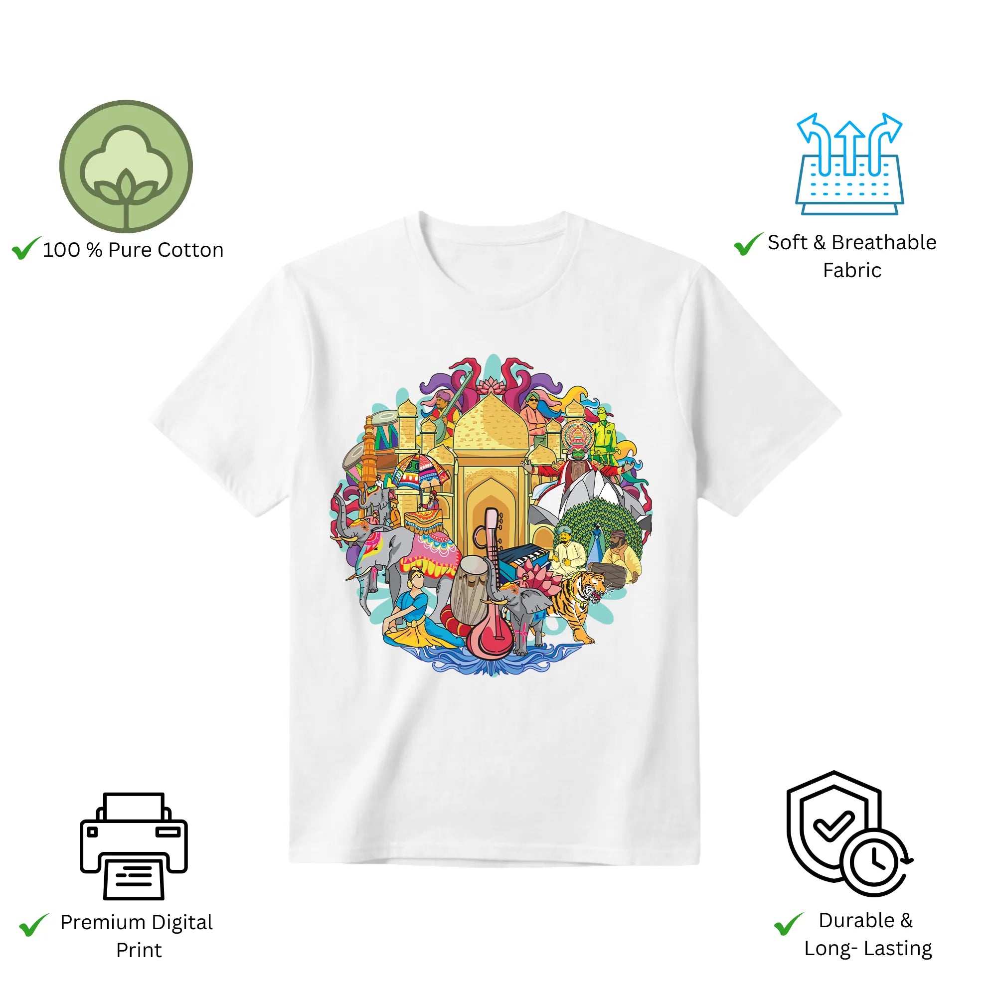 Features of Celebrating India's Rich Culture and Heritage unisex t-shirt including premium print and comfort fit