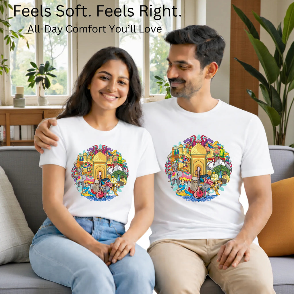 Matching pair wearing Celebrating India's Rich Culture and Heritage artistic t-shirts by PaintzStories