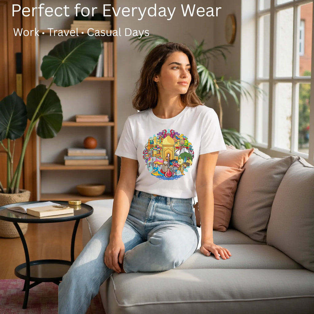 Model wearing Celebrating India's Rich Culture and Heritage artistic unisex t-shirt in White