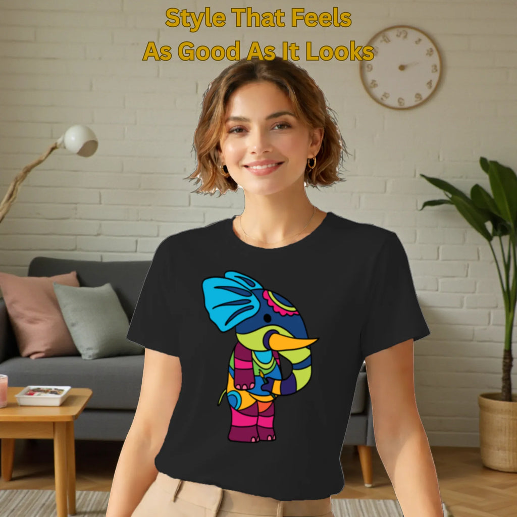 Model wearing PS Elephant artistic cotton t-shirt in Black