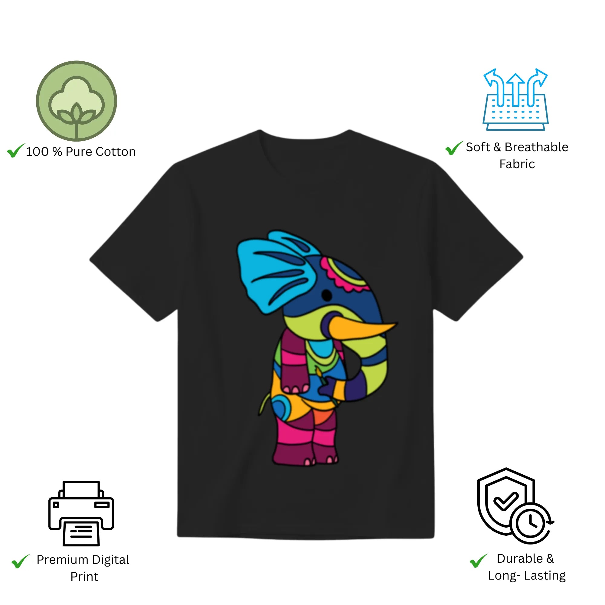 Features of PS Elephant unisex t-shirt including premium print and comfort fit