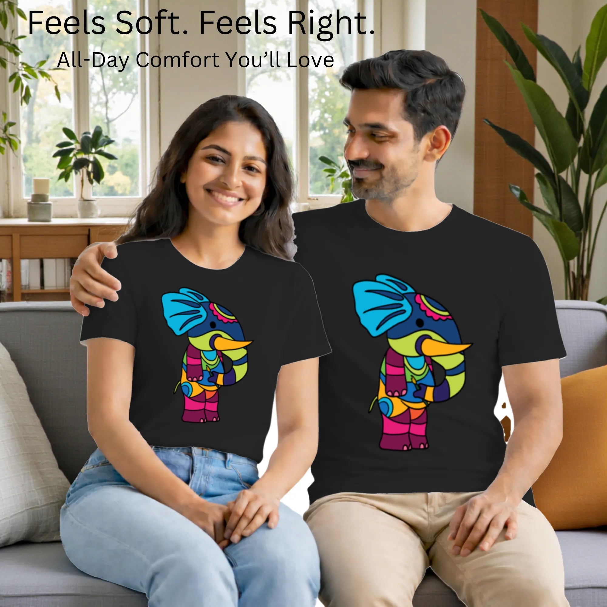 Matching pair wearing PS Elephant artistic t-shirts by PaintzStories
