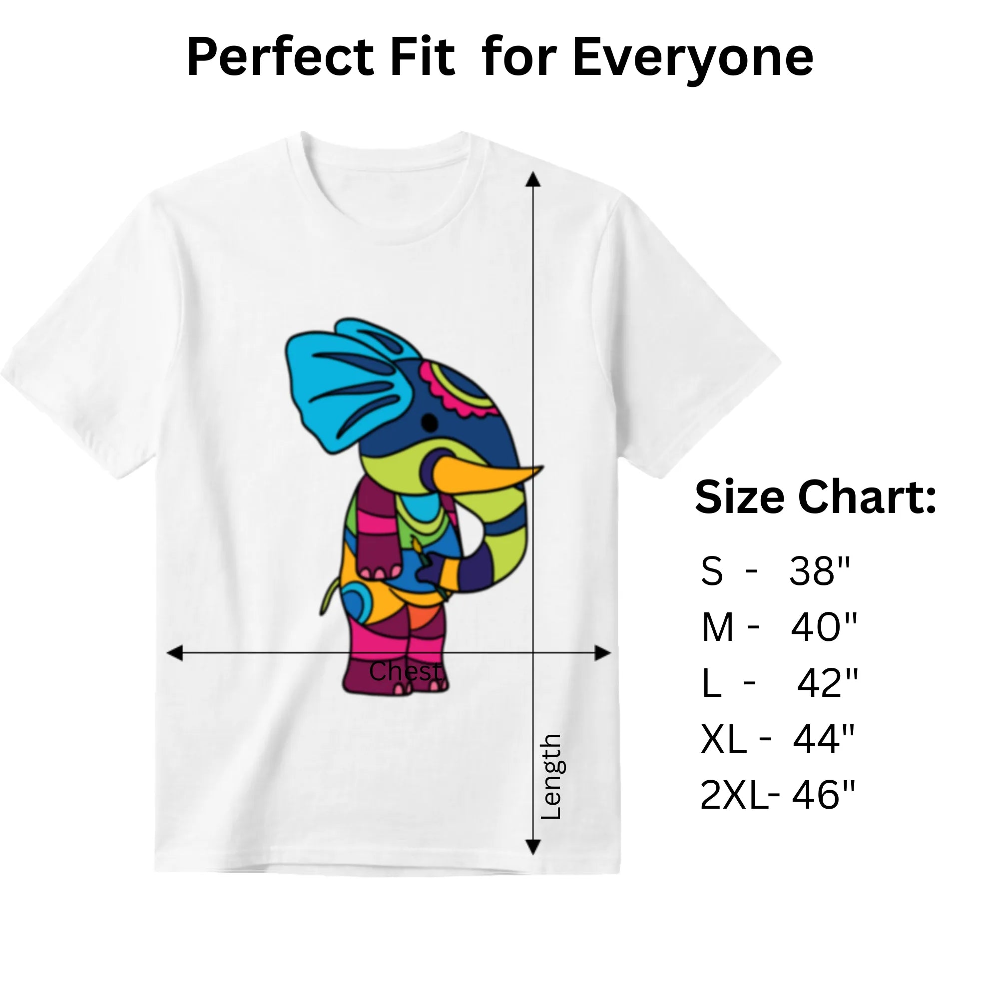 PS Elephant white graphic tee size chart and dimensions