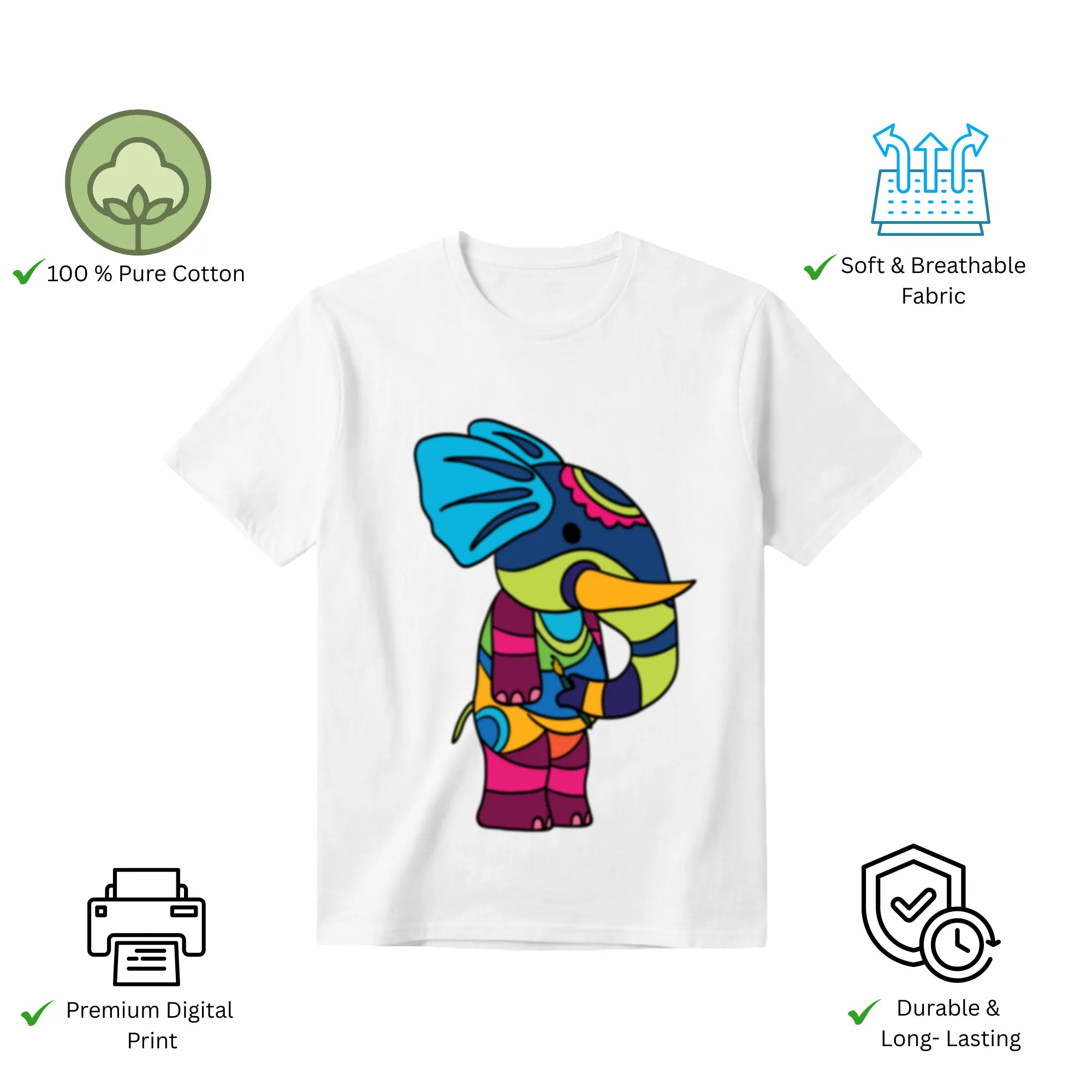Features of PS Elephant unisex t-shirt including premium print and comfort fit