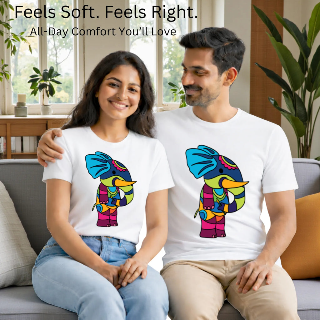 Matching pair wearing PS Elephant artistic t-shirts by PaintzStories