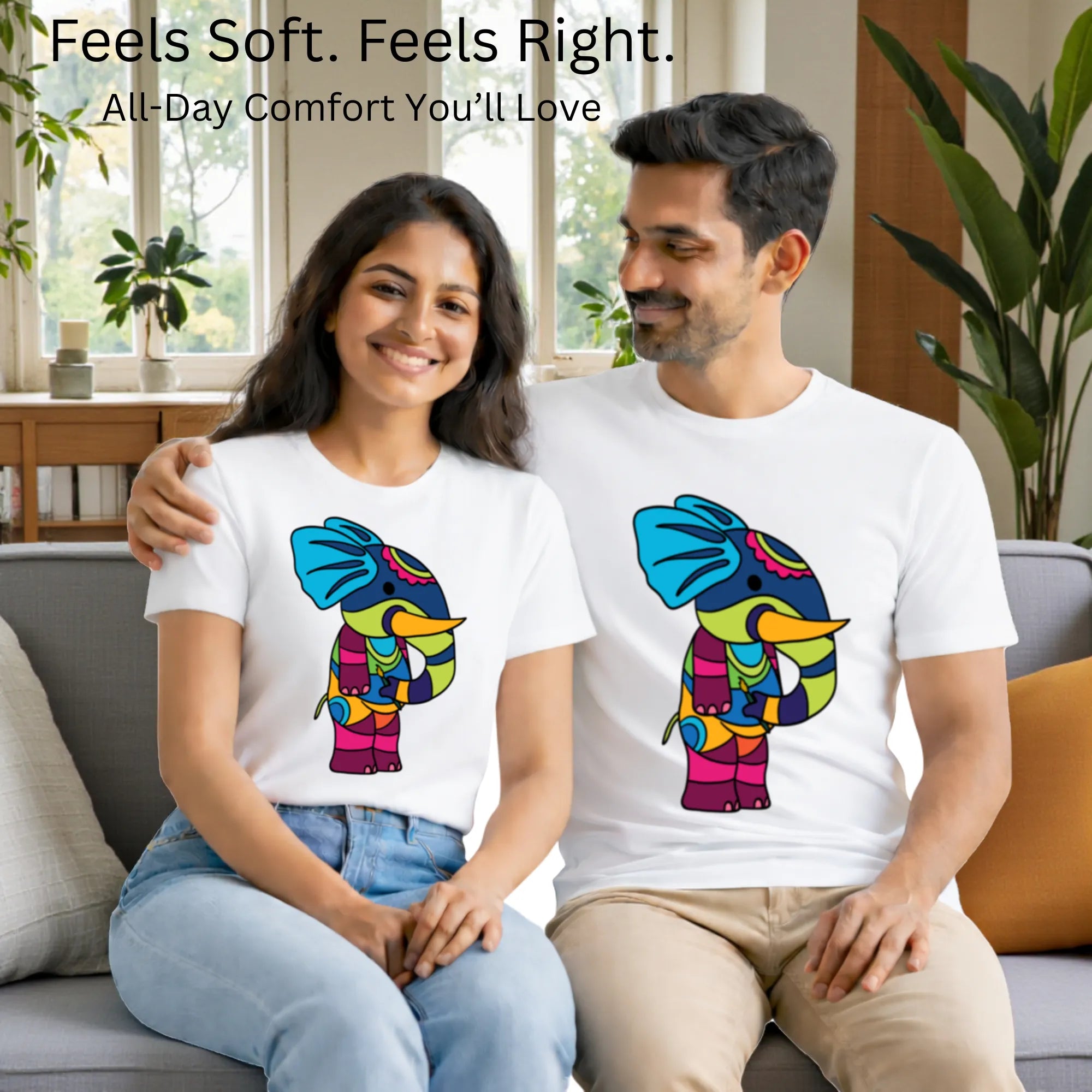 Matching pair wearing PS Elephant artistic t-shirts by PaintzStories