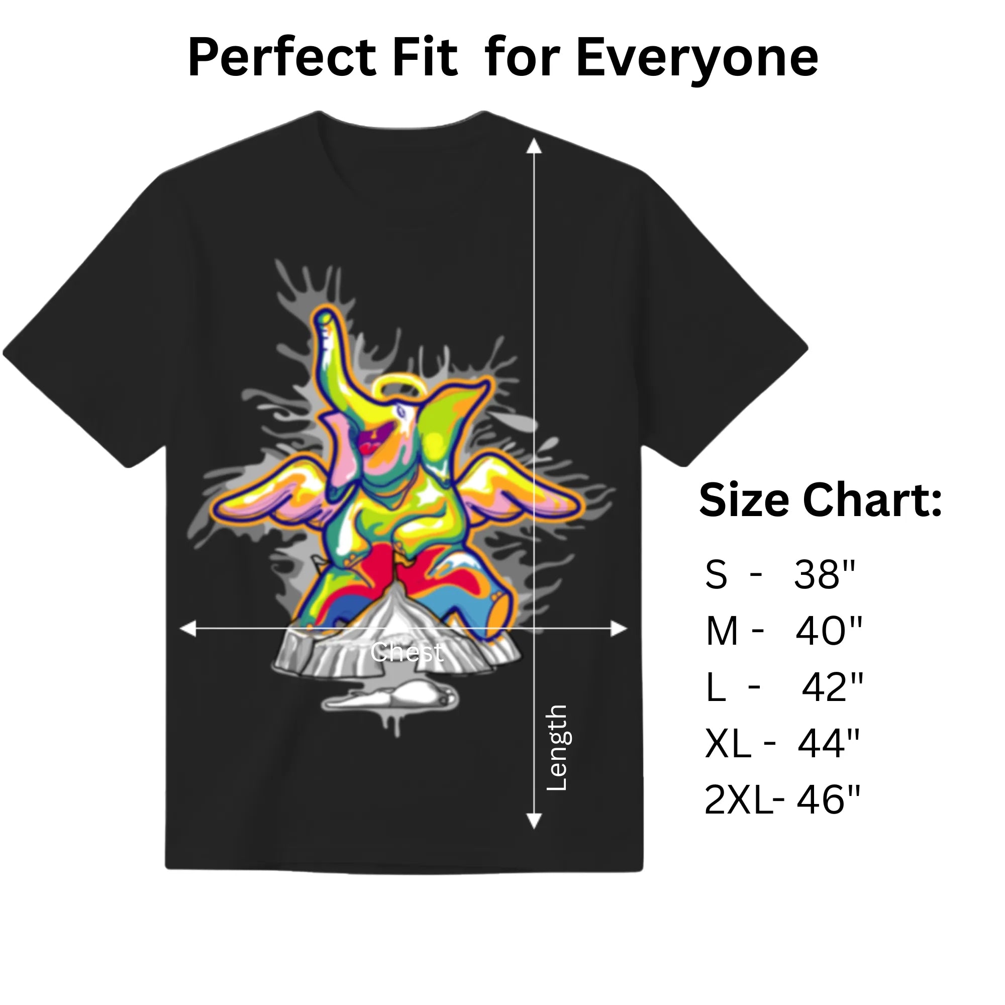 Sourire De La Mort black graphic tee size chart and dimensions