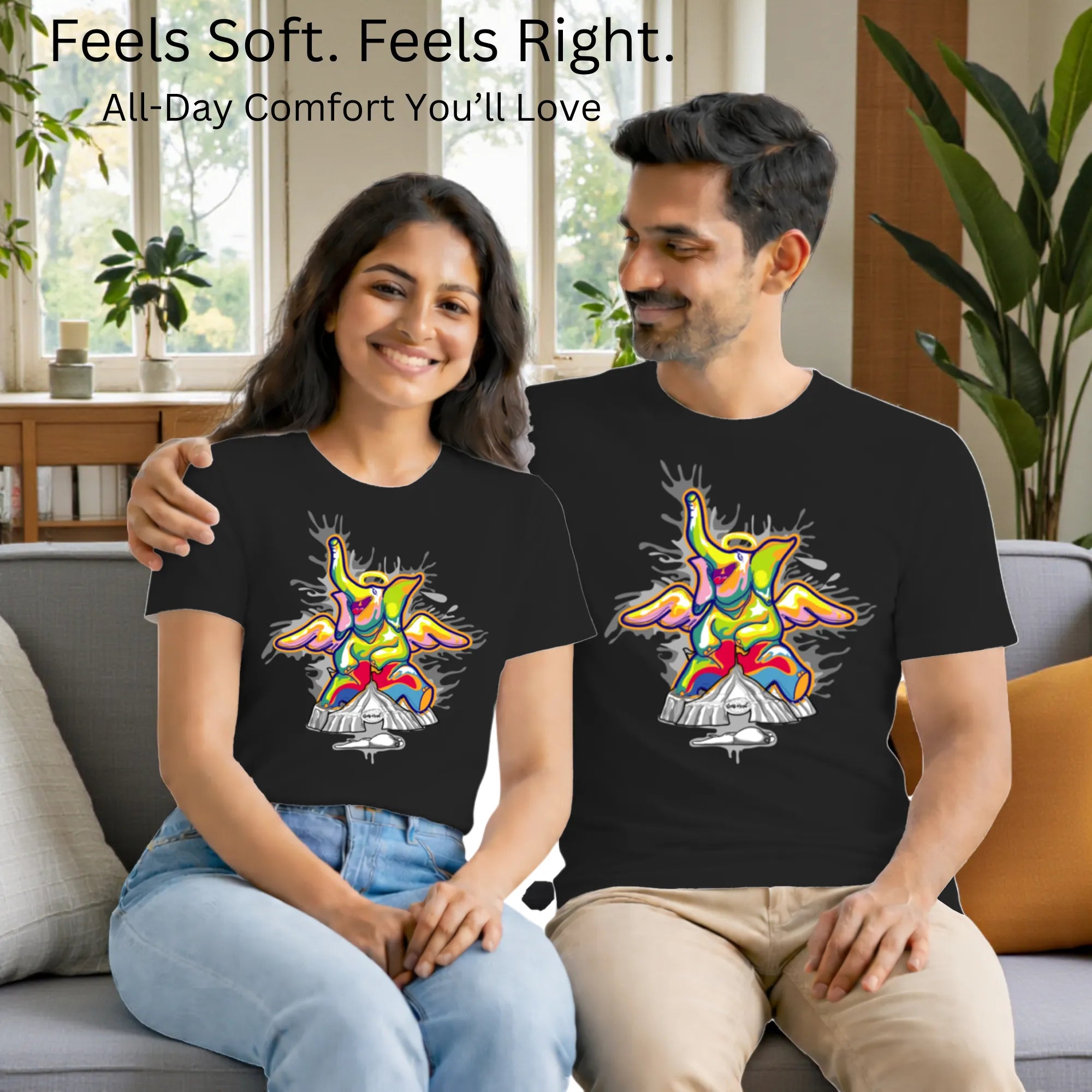 Matching pair wearing Sourire De La Mort artistic t-shirts by PaintzStories