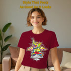 Model wearing Sourire De La Mort artistic cotton t-shirt in Maroon