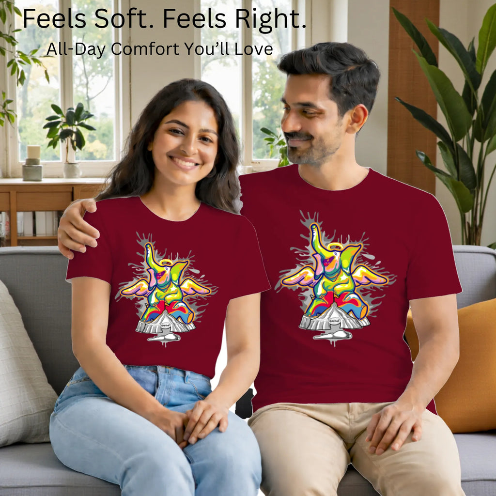 Matching pair wearing Sourire De La Mort artistic t-shirts by PaintzStories