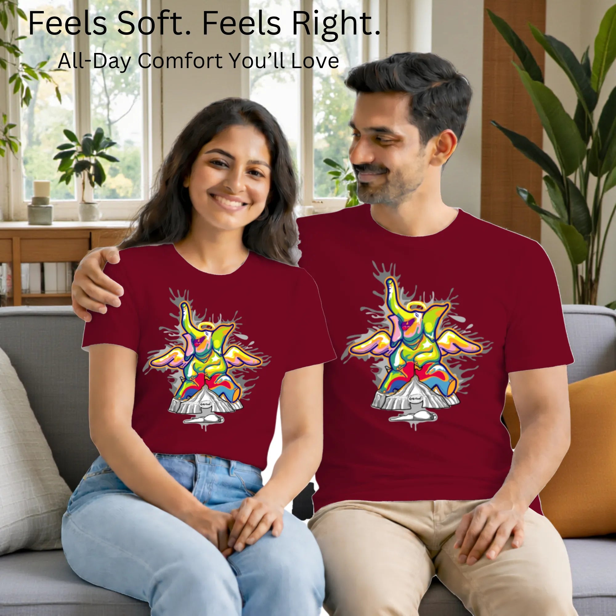 Matching pair wearing Sourire De La Mort artistic t-shirts by PaintzStories