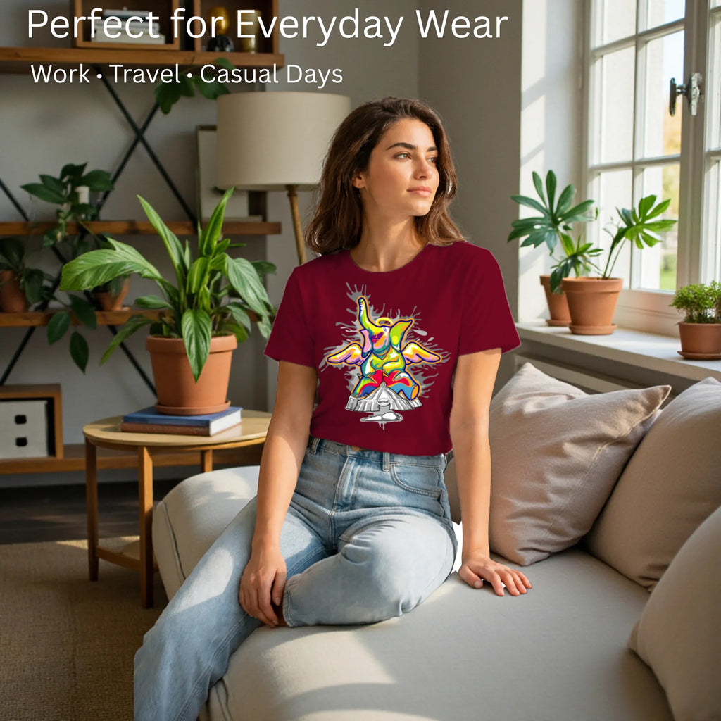 Model wearing Sourire De La Mort artistic unisex t-shirt in Maroon