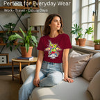 Model wearing Sourire De La Mort artistic unisex t-shirt in Maroon
