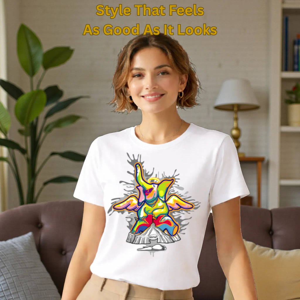Model wearing Sourire De La Mort artistic cotton t-shirt in White