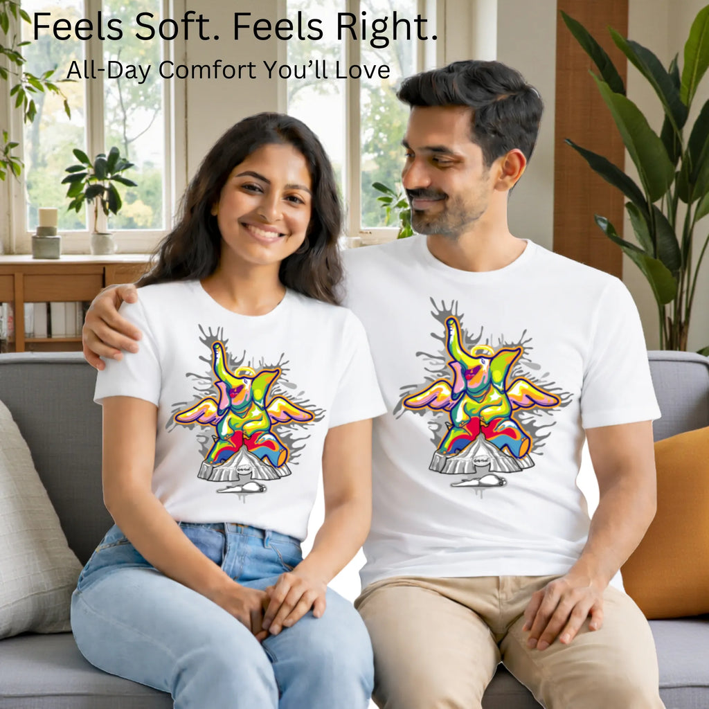 Matching pair wearing Sourire De La Mort artistic t-shirts by PaintzStories