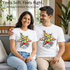 Matching pair wearing Sourire De La Mort artistic t-shirts by PaintzStories