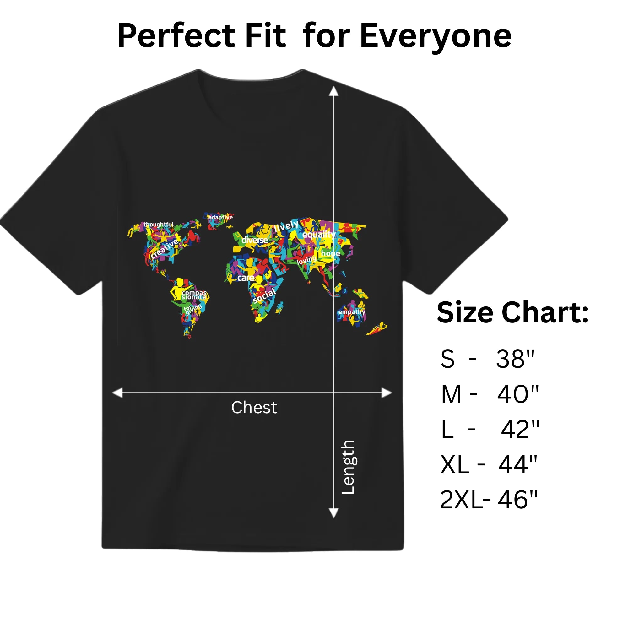 The Humanity Map black graphic tee size chart and dimensions
