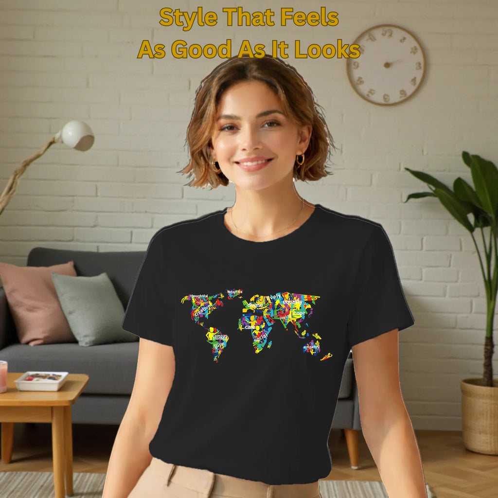 Model wearing The Humanity Map artistic cotton t-shirt in Black