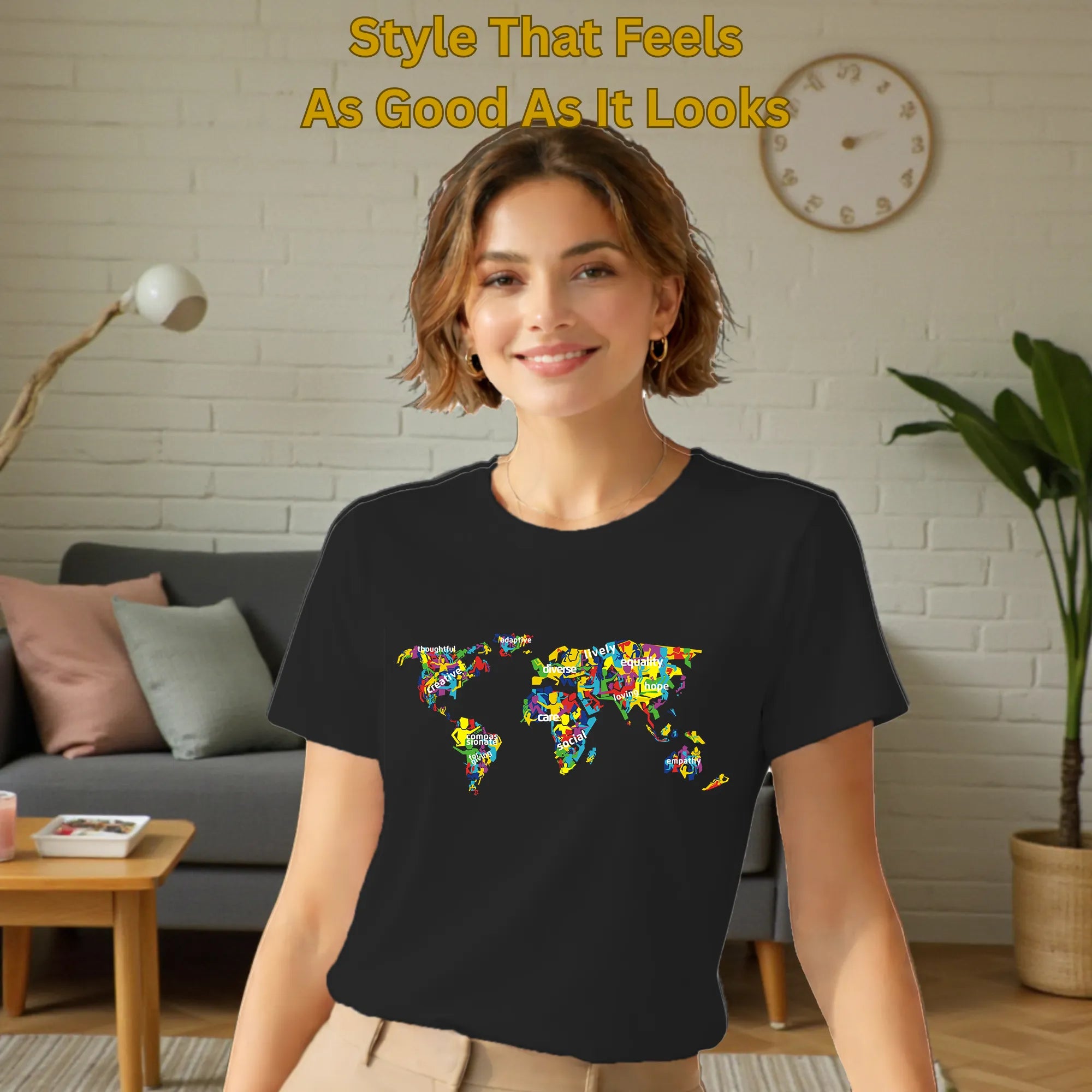 Model wearing The Humanity Map artistic cotton t-shirt in Black