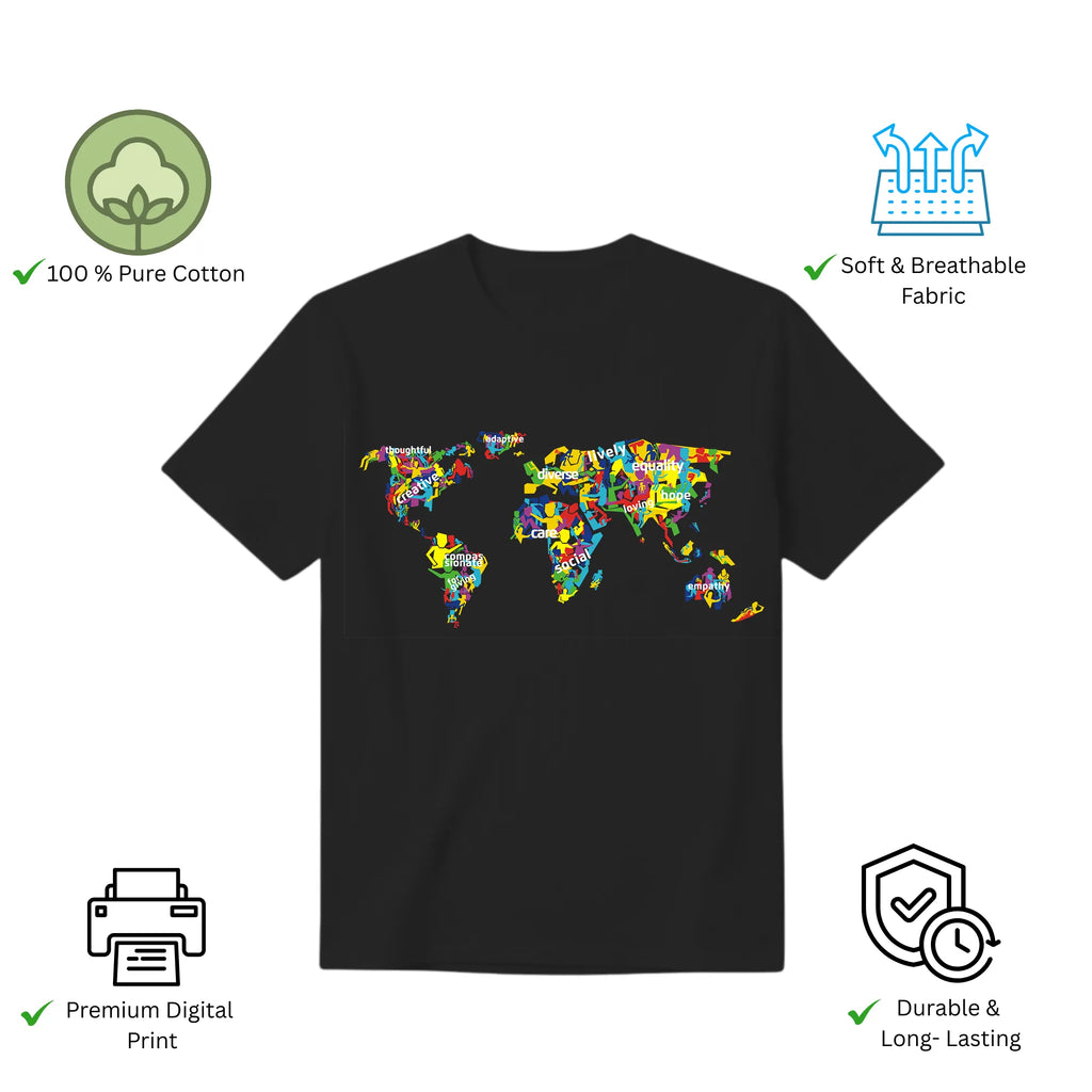 Features of The Humanity Map unisex t-shirt including premium print and comfort fit