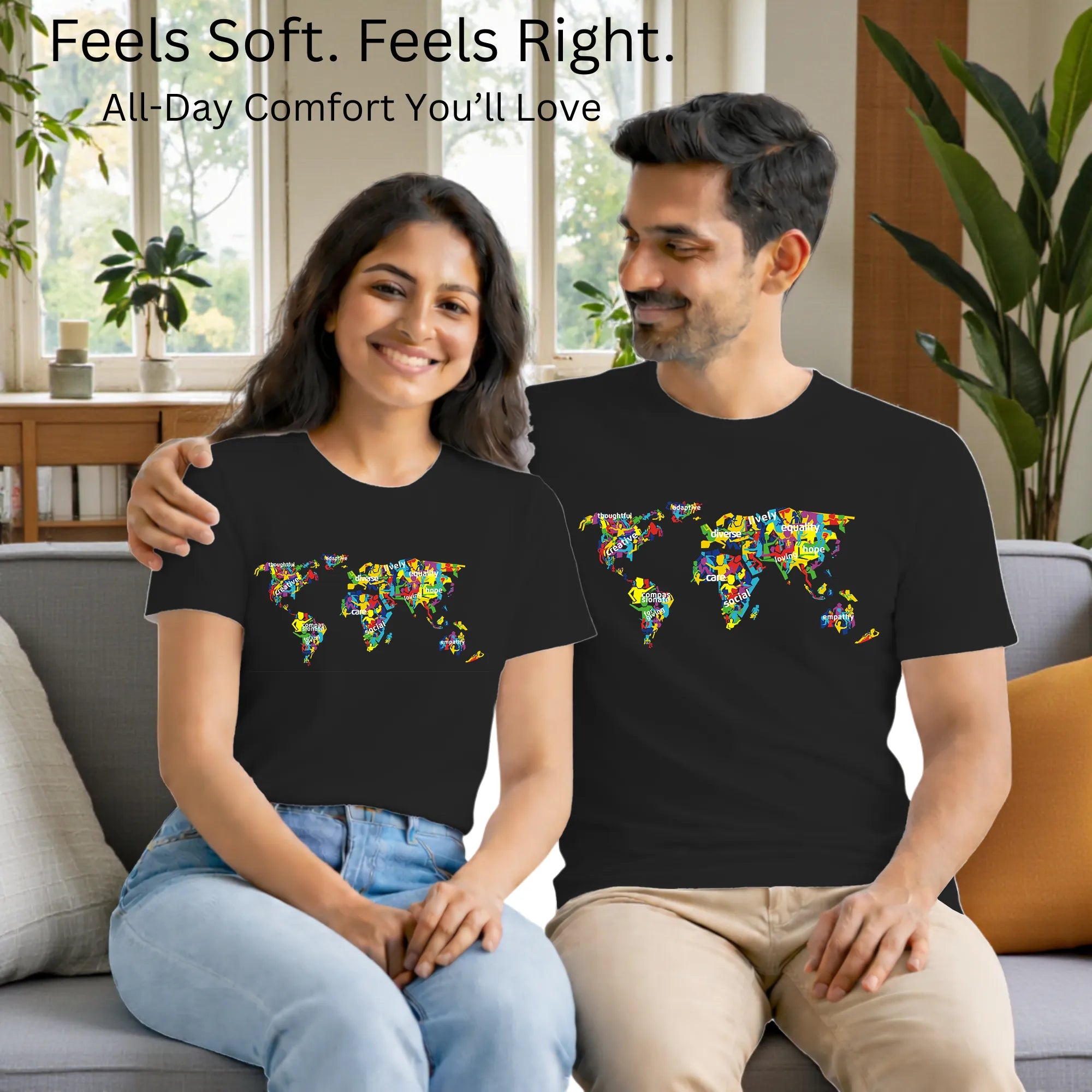 Matching pair wearing The Humanity Map artistic t-shirts by PaintzStories