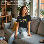 Model wearing The Humanity Map artistic unisex t-shirt in Black