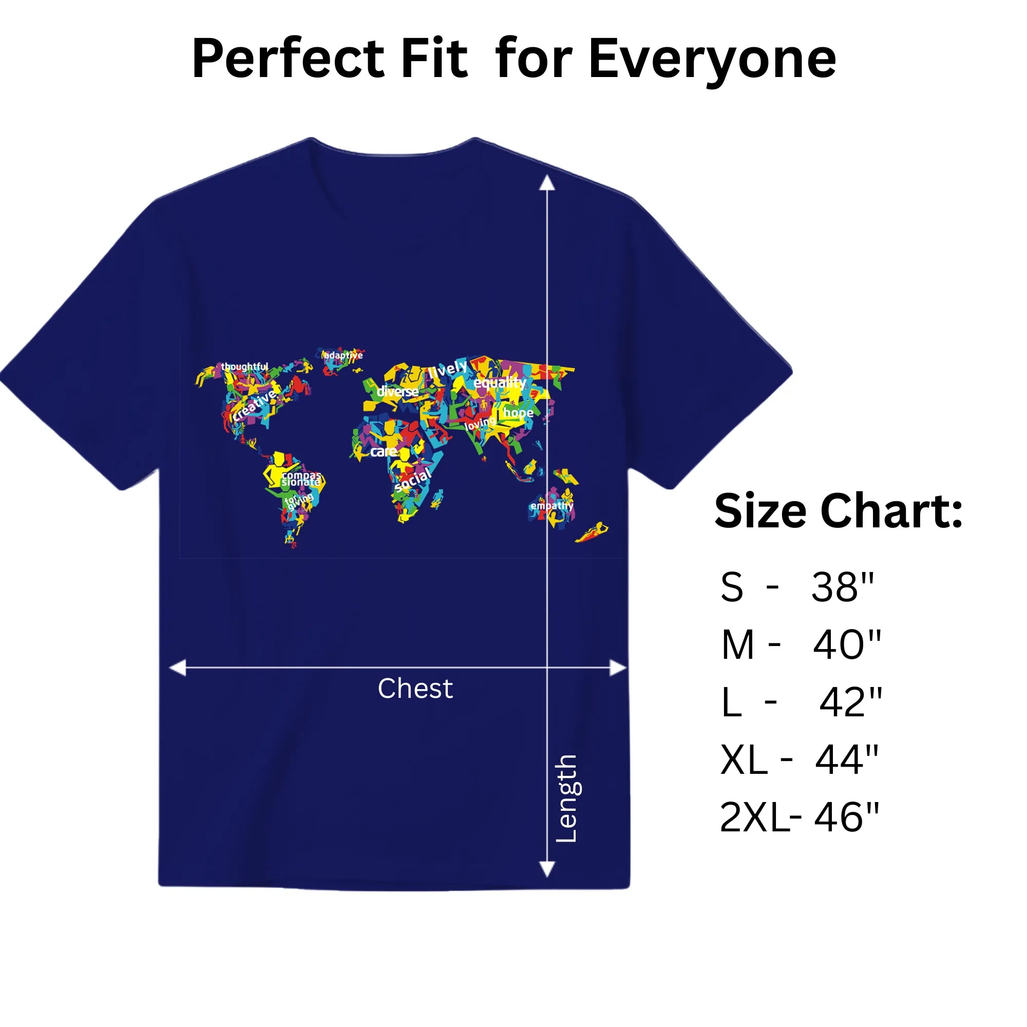 The Humanity Map navy blue graphic tee size chart and dimensions