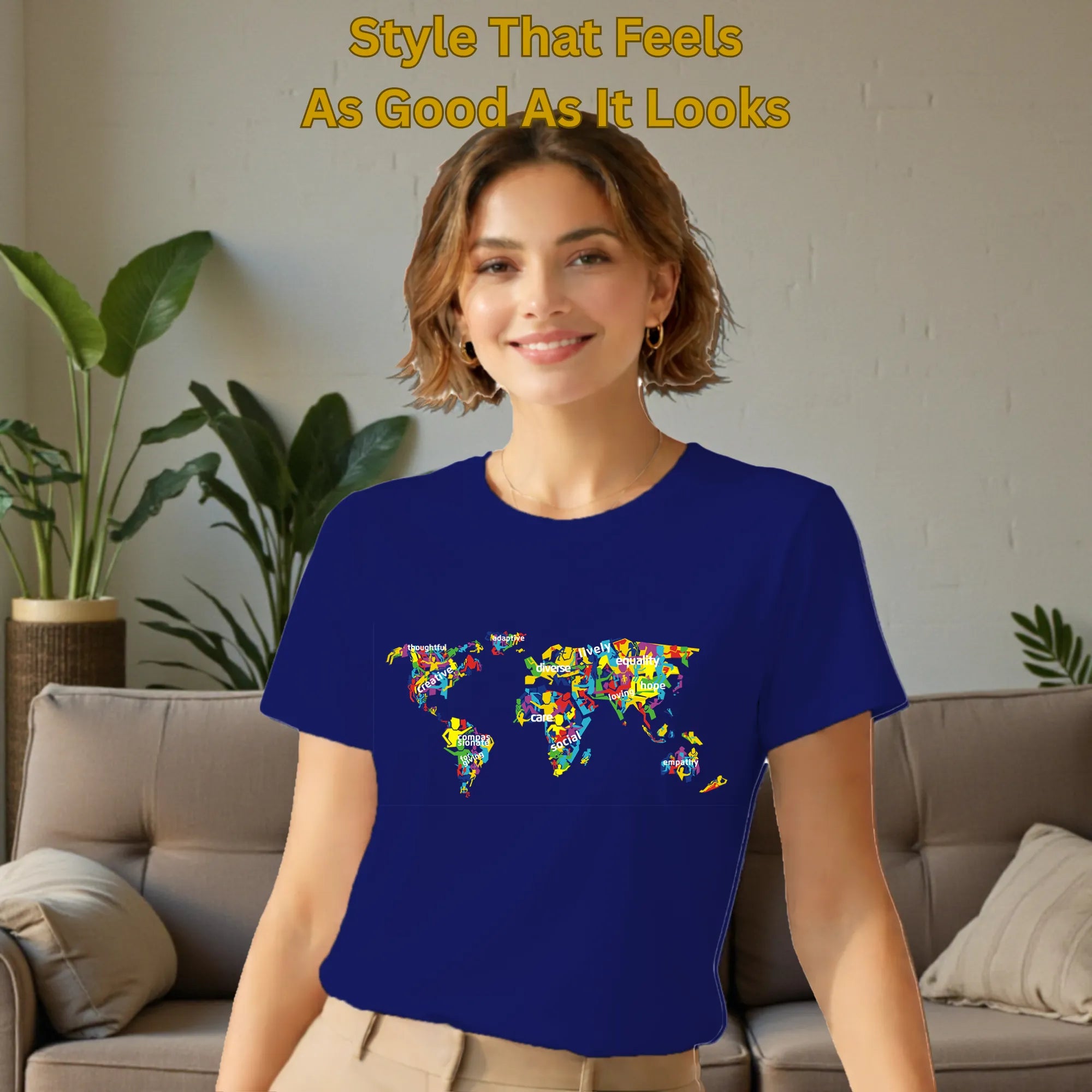 Model wearing The Humanity Map artistic cotton t-shirt in Navy Blue