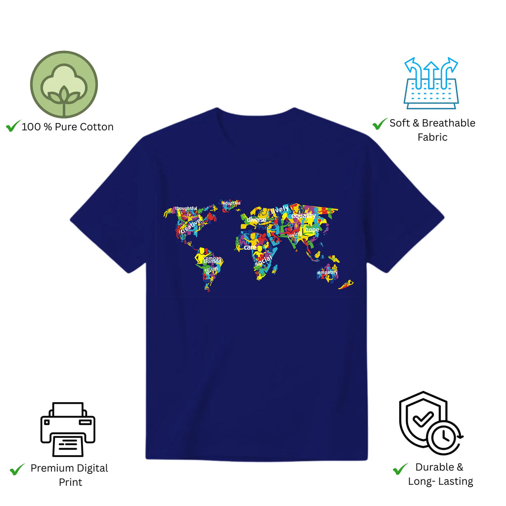 Features of The Humanity Map unisex t-shirt including premium print and comfort fit