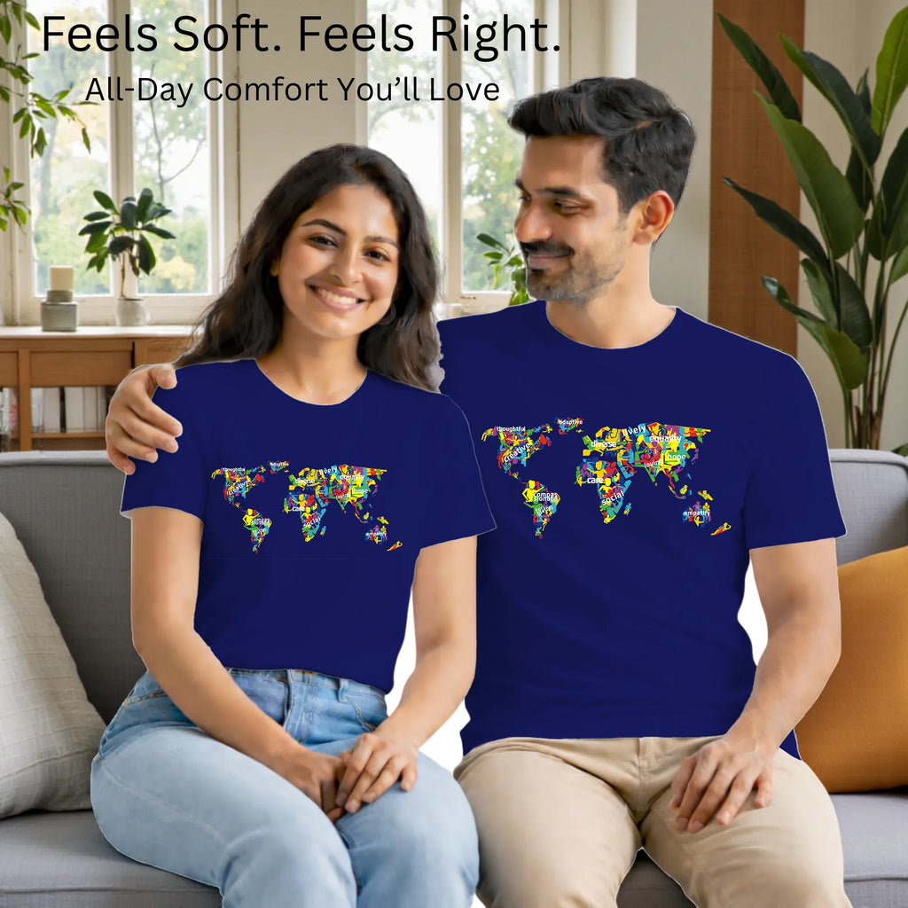 Matching pair wearing The Humanity Map artistic t-shirts by PaintzStories