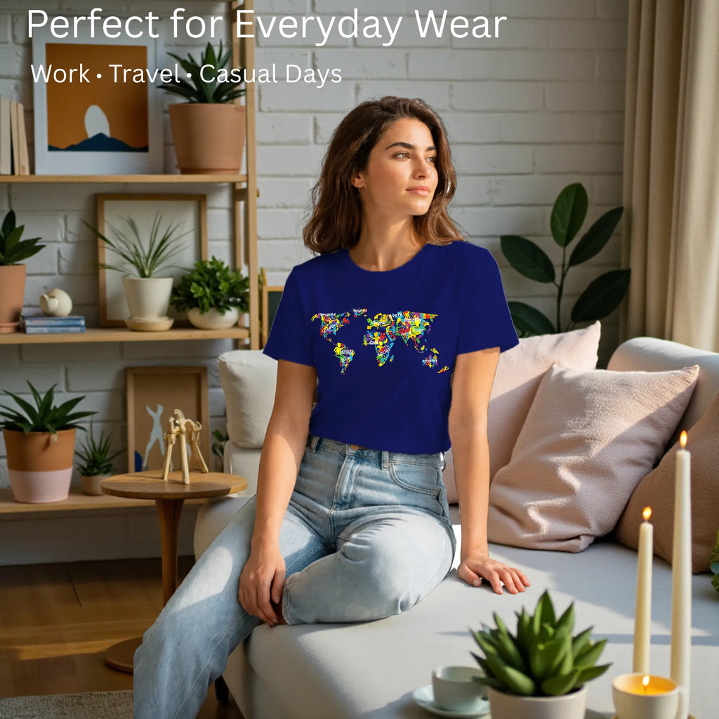 Model wearing The Humanity Map artistic unisex t-shirt in Navy Blue